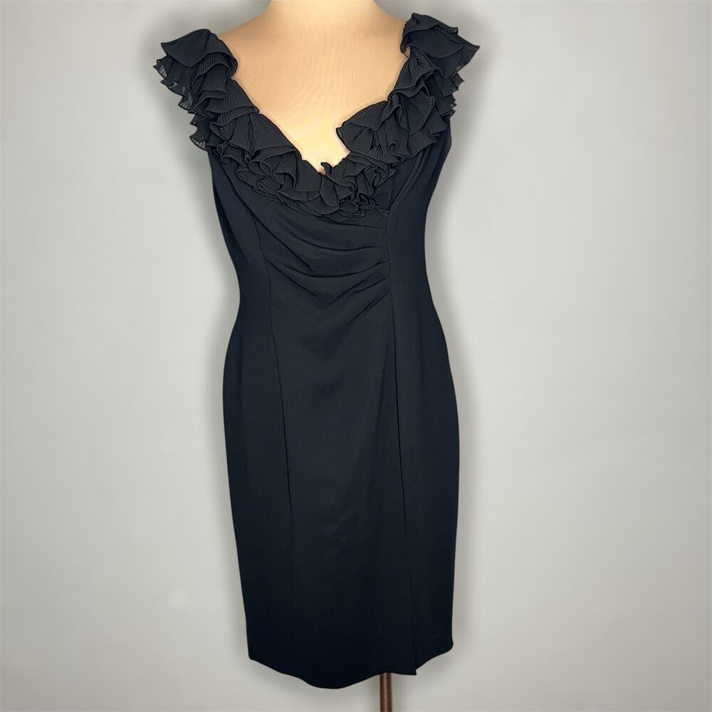 Evan Picone Sheath Dress 8 Womens Black Ruffle V-Neck Cocktail Work Event Career